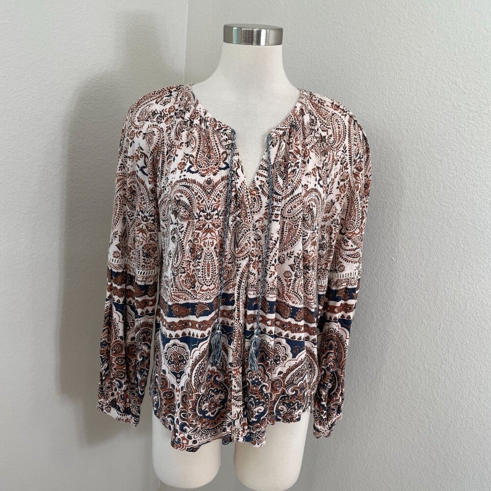 Lucky‎ Brand Womens Large Paisley Boho Top Long Sleeve Tassel Tie Neck Shirt